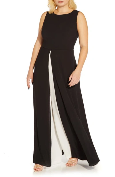Shop Adrianna Papell Crepe Overlay Wide Leg Maxi Jumpsuit In Black/ Ivory
