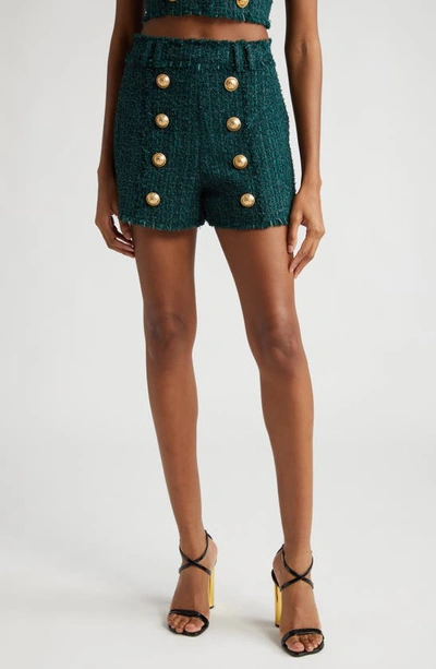 Shop Balmain 8-button Tweed Shorts In Green