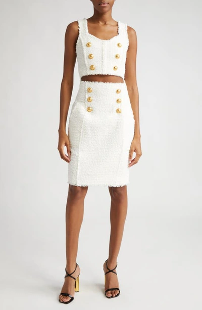 Shop Balmain Six Button High Waist Tweed Skirt In White