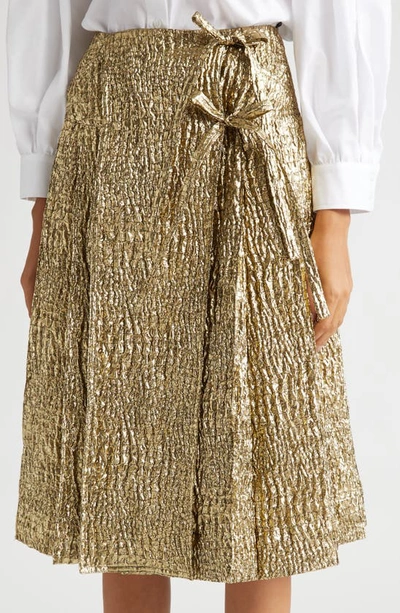 Shop Simone Rocha Pleated Metallic Cloqué Midi Skirt With Ties In Gold