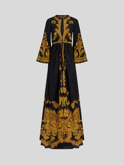Shop Etro Long Silk Dress With Pleated Sleeves In Black