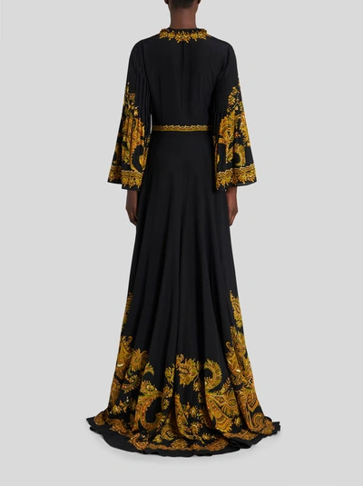 Shop Etro Long Silk Dress With Pleated Sleeves In Black