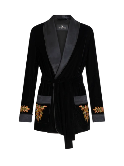 Shop Etro Velvet Robe Jacket With Foliage Embroidery In Black
