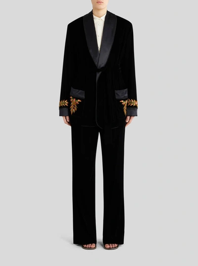 Shop Etro Velvet Robe Jacket With Foliage Embroidery In Black
