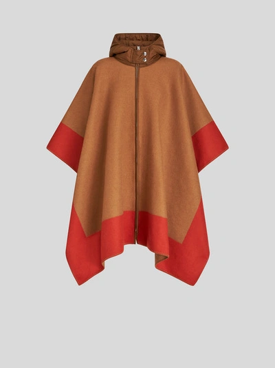 Shop Etro Hooded Cape With Logo In Beige