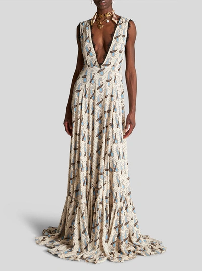 Shop Etro Long Sable Dress With Paisley Motif In White