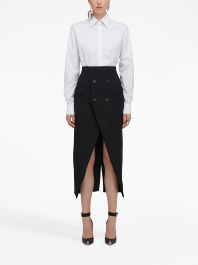 Shop Alexander Mcqueen Double-button Wool Midi Skirt In Black