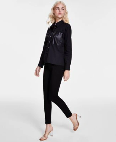 Shop Dkny Jeans Womens Faux Leather Pocket High Low Shirt Bleeker Shaping Skinny Jeans In Black