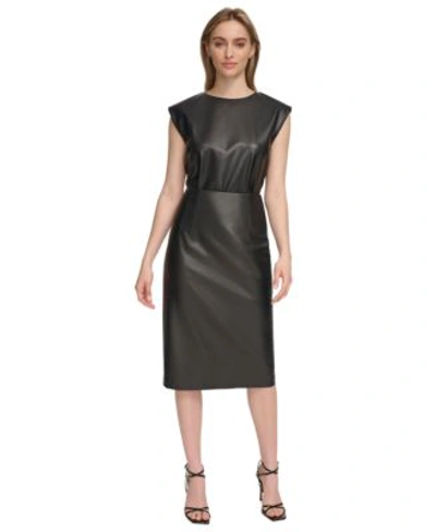 Shop Calvin Klein Womens Faux Leather Cap Sleeve Top Midi Skirt In Black
