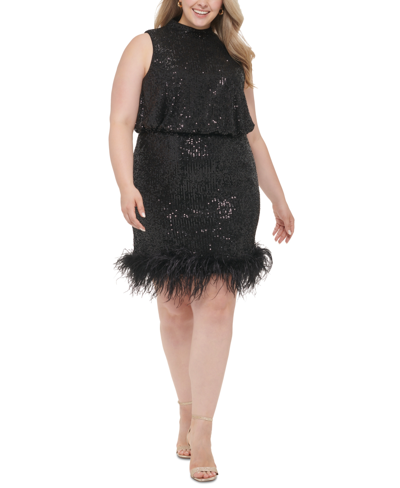 Shop Eliza J Plus Size Sequined Feathered-hem Cocktail Dress In Black