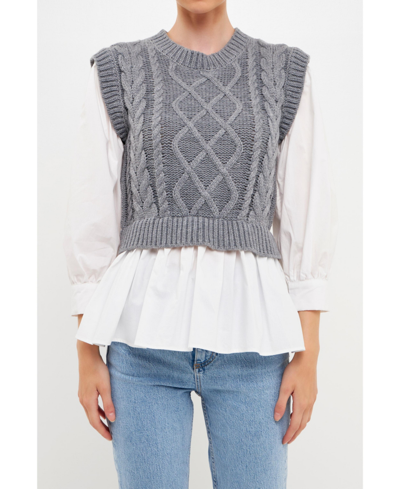 Shop English Factory Women's Mixed Media Cable Detail Sweater In Heather Grey/white