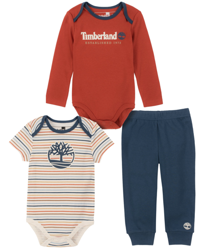 Shop Timberland Baby Boys Solid, Stripe Bodysuits And Solid Joggers, 3 Piece Set In Multi