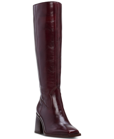 Shop Vince Camuto Sangeti Snip-toe Block-heel Tall Boots In Dark Mahogany Leather