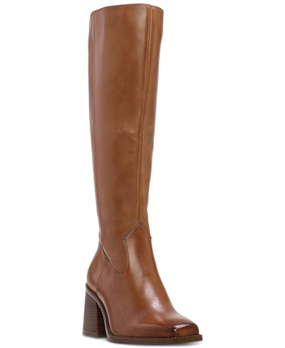 Shop Vince Camuto Sangeti Snip-toe Block-heel Wide-calf Tall Boots In Golden Walnut Leather