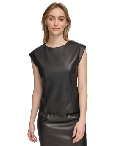 Shop Calvin Klein Women's Faux-leather Cap Sleeve Top In Black