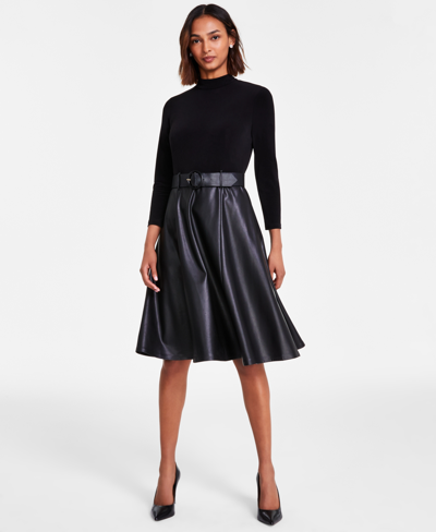 Shop Calvin Klein Women's Faux-leather-skirt A-line Dress In Black