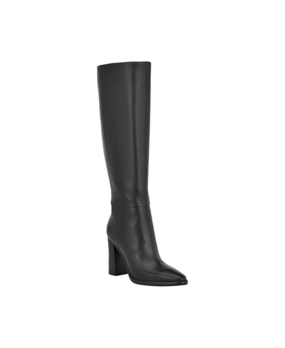 Shop Guess Women's Lannie Block Heel Almond Toe Tall Dress Boots In Black Leather
