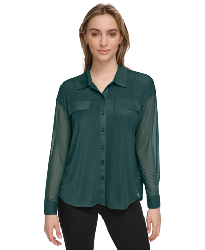 Shop Calvin Klein Women's Mesh Button-front Shirt In Malachite