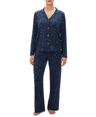 Shop Gap Body Women's 2-pc. Notched-collar Long-sleeve Pajamas Set In Blue Animal Print