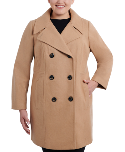 Shop Anne Klein Women's Plus Size Notched-collar Double-breasted Peacoat, Created For Macy's In Camel