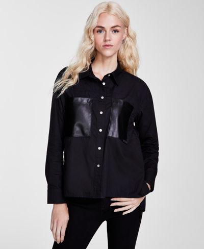 Shop Dkny Jeans Women's Faux-leather-pocket High-low Shirt In Black