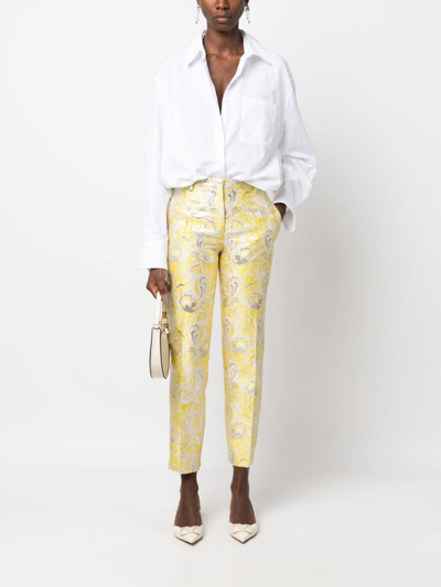 Shop Valentino Iris Brocade Tailored Cropped Trousers In Yellow