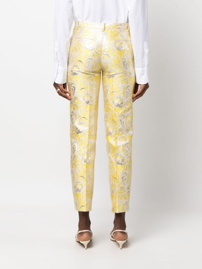 Shop Valentino Iris Brocade Tailored Cropped Trousers In Yellow