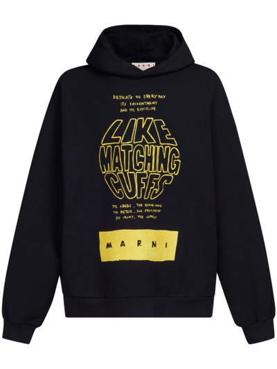 Shop Marni Slogan-print Cotton Hoodie In Black