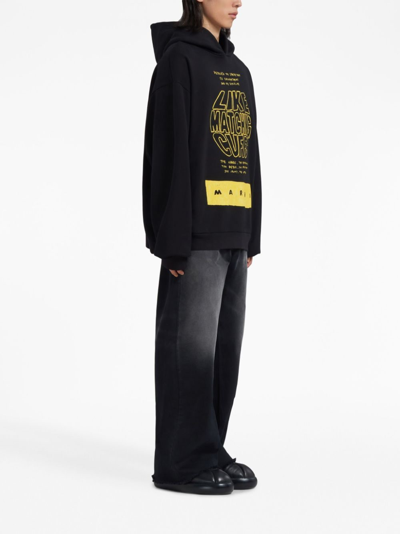 Shop Marni Slogan-print Cotton Hoodie In Black