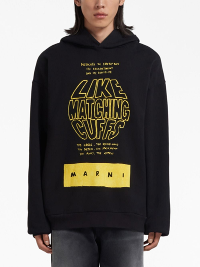 Shop Marni Slogan-print Cotton Hoodie In Black