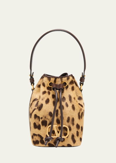 Shop Valentino Mini Vlogo Leopard Calf Hair Bucket Bag In Champagne Moro Fo