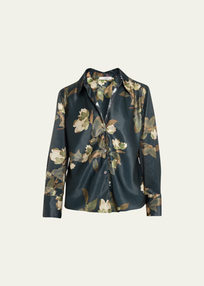 Shop Vince Bias-cut Floral Silk Button-front Blouse In Azurine