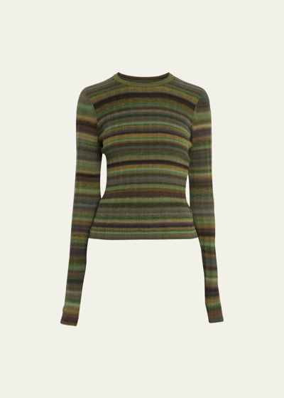 Shop Re/done Stripe Long-sleeve Ribbed Crewneck Sweater In Grnspcdye