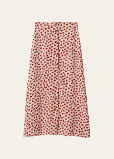 Shop Miu Miu Heart-print Silk Midi Skirt In F059i Avorio Ross