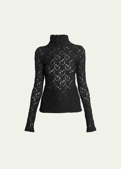 Shop Chloé Turtleneck Long-sleeve Smocked Lace Top In Black