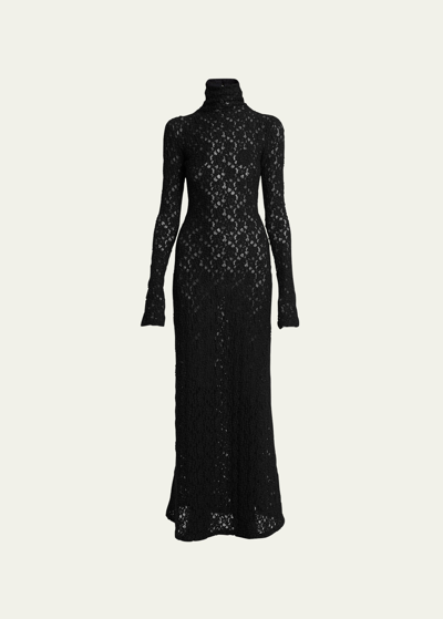 Shop Chloé Turtleneck Long-sleeve Smocked Lace Gown In Black