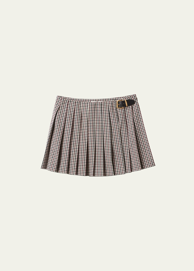 Shop Miu Miu Logo-emboidered Pleated Gingham Check Mini Skirt In F0007 Bordeaux