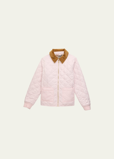 Shop Burberry Girl's Otis Quilted Check-print Lined Jacket In Frosty Pink