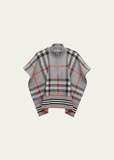 Shop Burberry Girl's Ginny Check-print Knit Cape In Coolchrcoalgry Ip