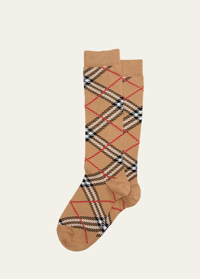 Shop Burberry Kid's Check-printed Socks In Archive Beige