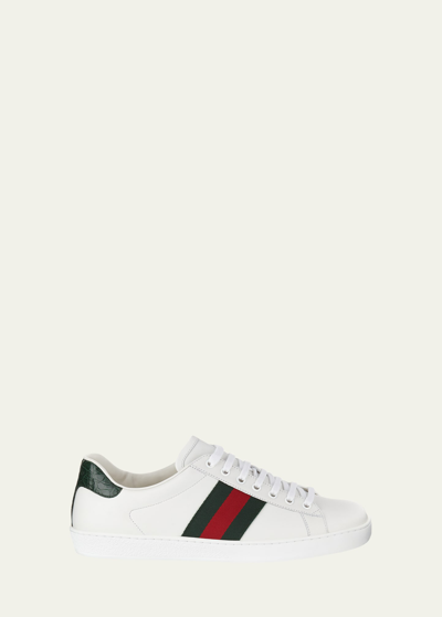 Shop Gucci Men's New Ace Web Low-top Sneakers In White