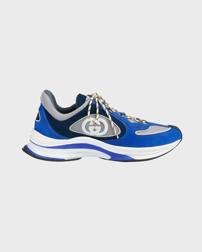 Shop Gucci Men's Run Premium Mesh And Suede Gg Runner Sneakers In Royal Blue
