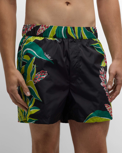 Shop Valentino Men's Graphic Swim Shorts In Black/green
