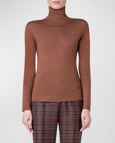 Shop Akris Turtleneck Cashmere-silk Fine-gauge Sweater In Vicuna