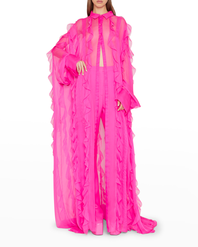 Shop Valentino Cascading Ruffle Silk Chiffon Shirt Gown In Pink