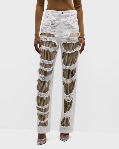 Shop Darkpark Karen Shredded Crystal-panel Straight-leg Jeans In Off-white