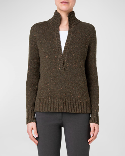 Shop Akris Split-v Collared Cashmere Tweed Sweater In Moss
