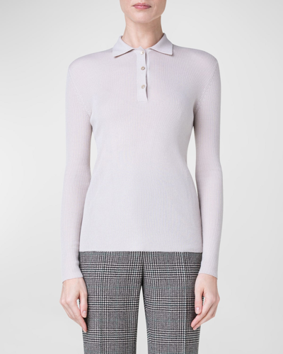 Shop Akris Cashmere Blend Ribbed Knit Collared Pullover In Light Greige