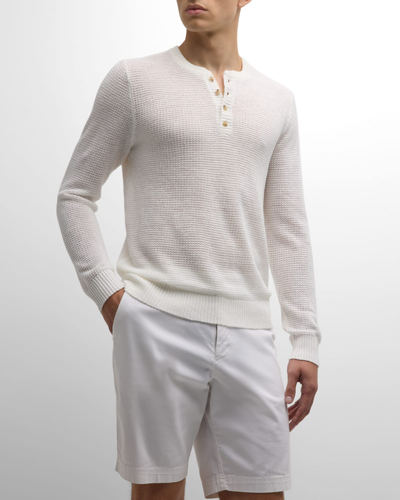 Shop Onia Men's Linen Knit Henley Pullover Sweater In White