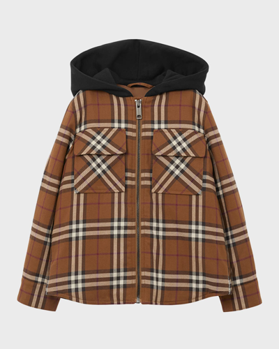 Shop Burberry Boy's Eddie Hooded Flannel Check Jacket In Drk Brch Brwn Ip